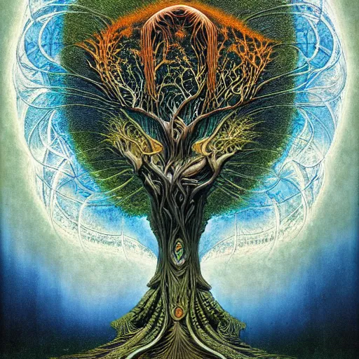 Prompt: tree of life by roger dean and andrew ferez, art forms of nature by ernst haeckel, divine chaos engine, symbolist, visionary, art nouveau, botanical fractal structures, lightning, surreality, lichtenberg figure