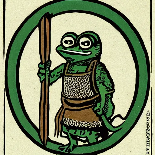 Image similar to pepe the frog, viking warrior, saga, 1 9 2 0 s magazine colors, woodcut by christian krohg