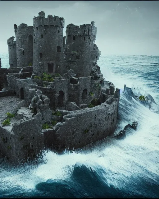 Image similar to the ruins of a castle on an island, taken back by nature. dark stormy sea. intricate artwork by tooth wu and wlop and beeple. octane render, hyper realism, 8 k