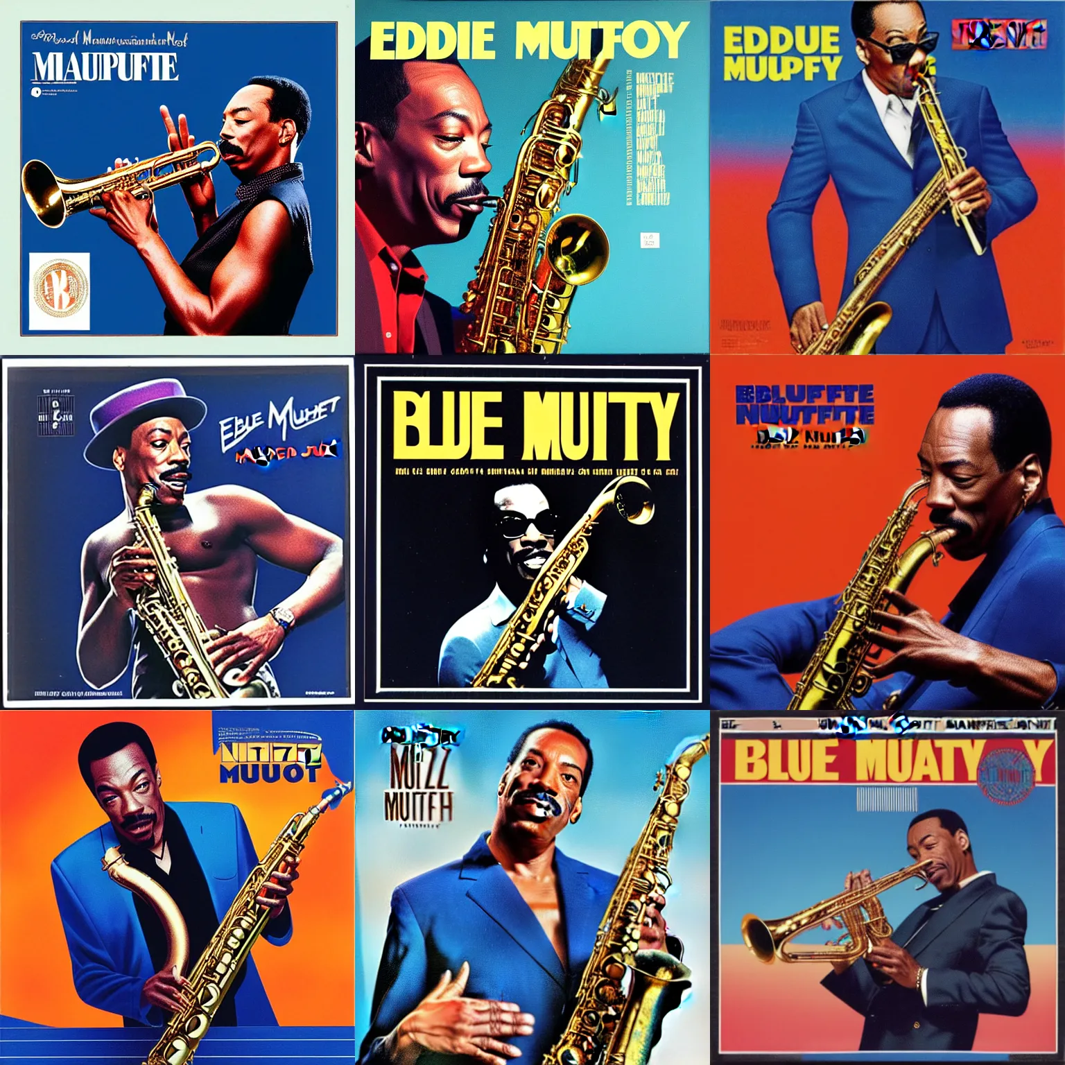 Prompt: Blue Note jazz album cover of Eddie Murphy playing saxophone