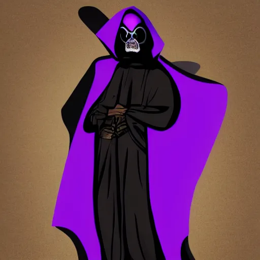 Image similar to grim reaper, purple cloak, full body