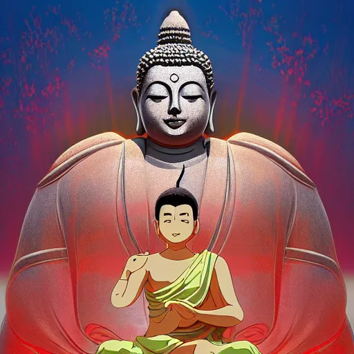 Image similar to highly detailed full body picture of Buddha in the style of Studio Ghibli, concept art, digital art, studio lightning, bright colors, intricate, masterpiece, photorealistic, hiperrealistic, sharp focus, high contrast, intricate, Artstation HQ, DeviantArt trending, 4k UHD, Unreal Engine 5