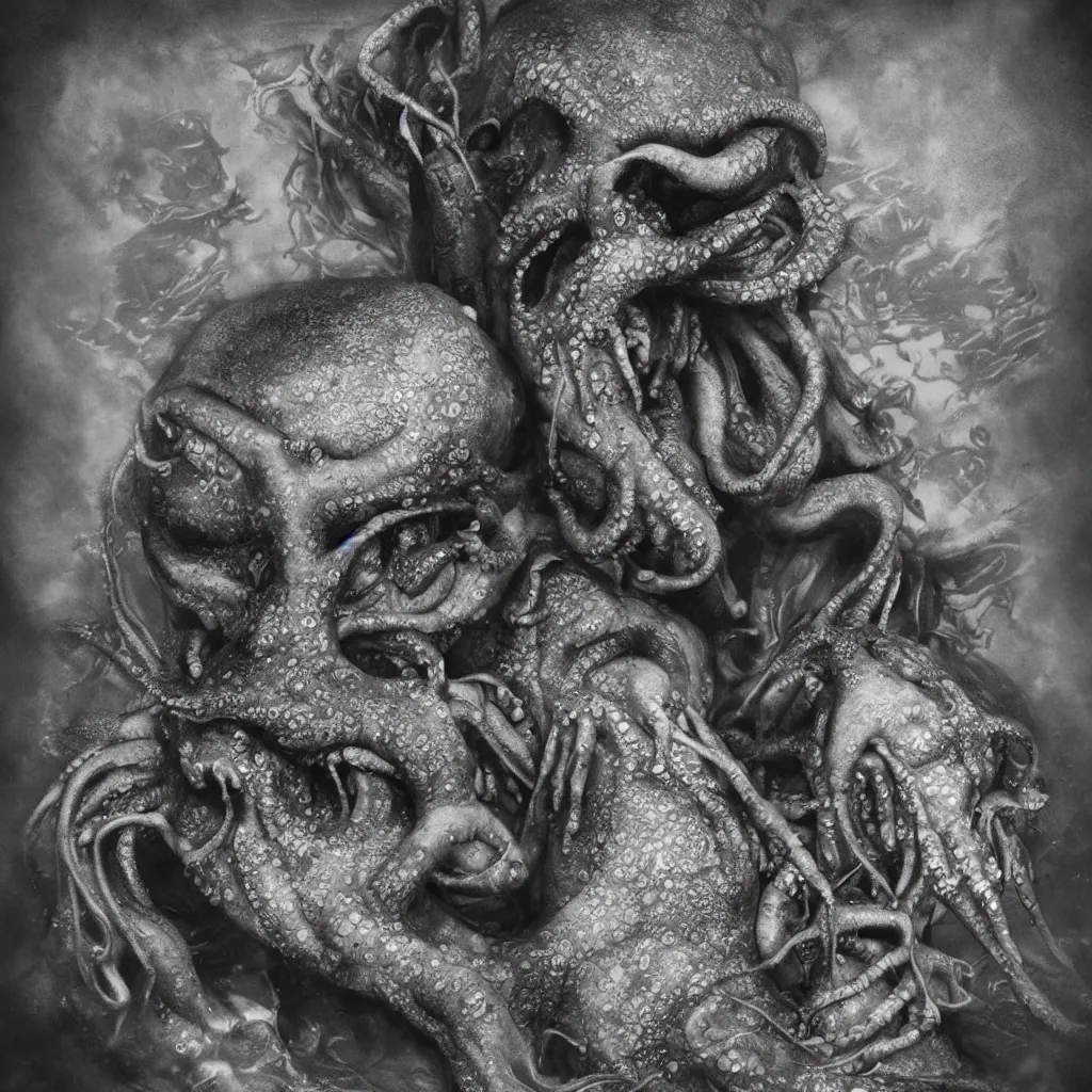 Image similar to super detailed studio portraits of innsmouth dwellers, innsmouth ocean - dwellers, mutant, fishmen, lovecraftian, cthulhu, hp lovecraft style, artistic photo, leviathan, octopus, noir, monochrome, dark atmosphere, commercial photography, fine art, daguerreotype, beksinski style