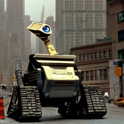 Image similar to taller older Wall-E in New York street, epic 1986 cinematic still