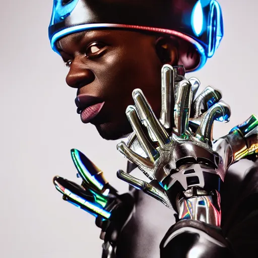 Image similar to a cinematic film still of rapper unotheactivist as a cybernetic cyborg, cgi, surrealism, glowing, studio photography