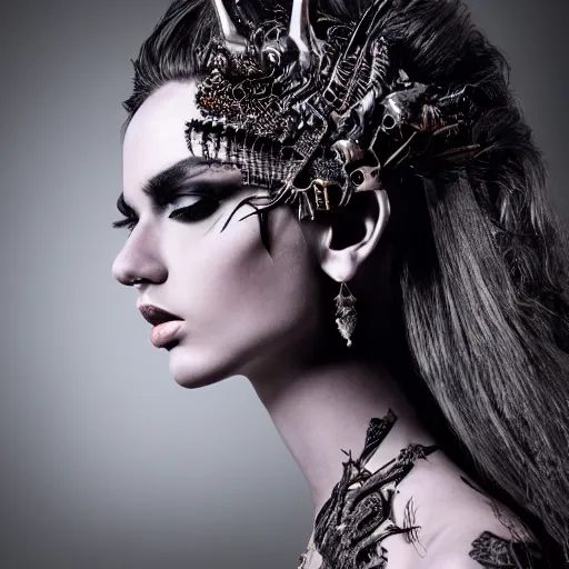 Image similar to a female model by chacarcter creator, photorealistic, biomechanical, intricate details, hyper realistic, ornate headpiece, dark beauty, photorealistic, canon r 3, photography, wide shot, photography, dark beauty ornate headpiece, dark beauty, photorealistic, canon r 3, photography, wide shot, photography, dark beauty, symmetrical features