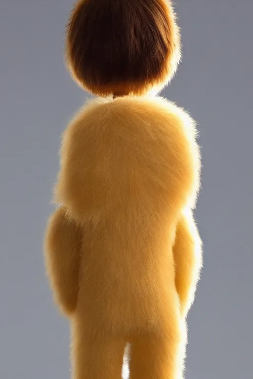 Image similar to 35mm of a very cute, simple minimal, adorable and creative Japanese mascot character costume, fuzzy, full body and head view, very magical and dreamy, designed by Gucci and Wes Anderson, kawaii, magical details