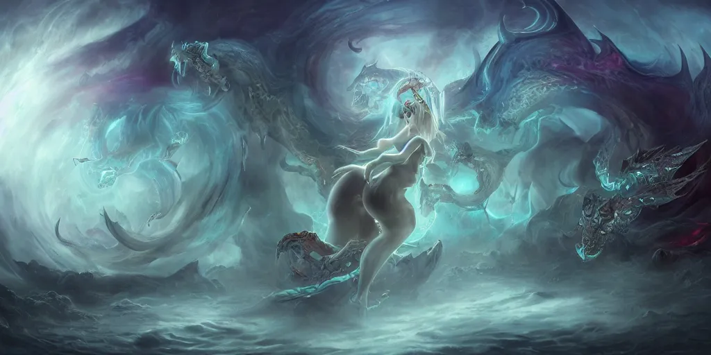 Prompt: concept art of translucent glowing curvy demon dancing booty, flowy, melting, round moons, rich clouds, very detailed, volumetric light, mist, fine art, textured oil over canvas, dragons, epic fantasy art, very colorful, ornate intricate scales, skulls, fractal gems, 8 k, hyper realistic, high contrast, yuji moriguchi