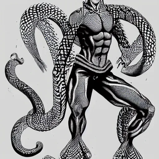 Image similar to a male anime character, half snake half human, serpent body, naga, kentaro miura art style