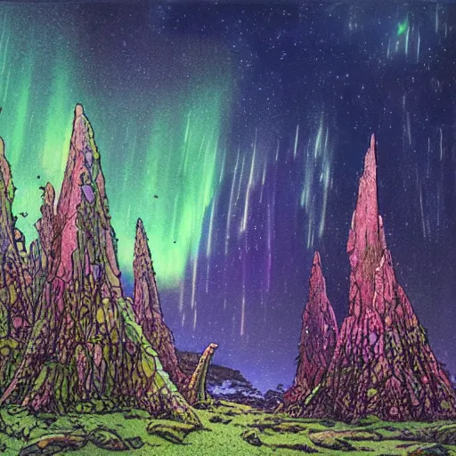 Image similar to an epic concept art, intricate coral, fungal gems, iridescent crystal monoliths, obelisks and an aurora borealis, mossy stumps, cell shading, by moebius, hiroshi yoshida, druillet, colorful, vivid colors