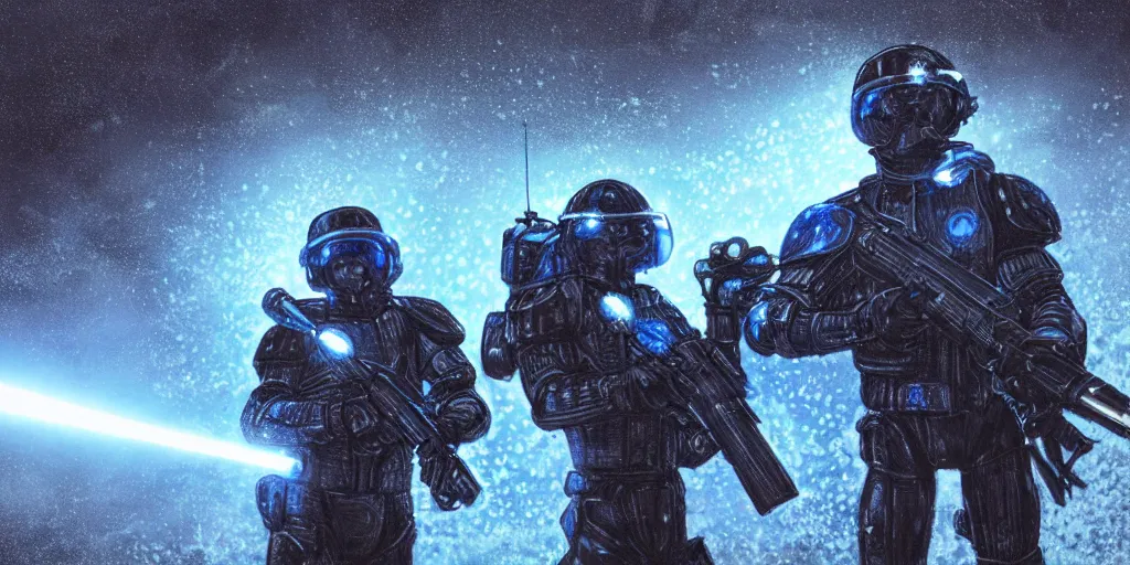 Prompt: A detailed sketch of two soldiers with blue laser rifles wearing black power armour with blue sprites and full helmets with blue visors, night, rain, water drops on the lense, a complicated chrome-plated spaceship with blue lights in the background, realistic 4k octane beautifully detailed render, 4k post-processing, highly detailed, intricate complexity, epic composition, magical atmosphere, cinematic lighting, masterpiece, ultra hd