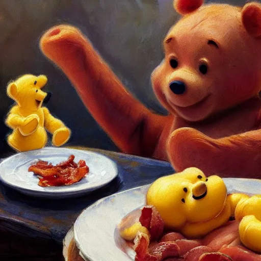 Image similar to close up of winnie the pooh with a plate of sausages and bacon, cinematographic shot, by daniel f. gerhartz