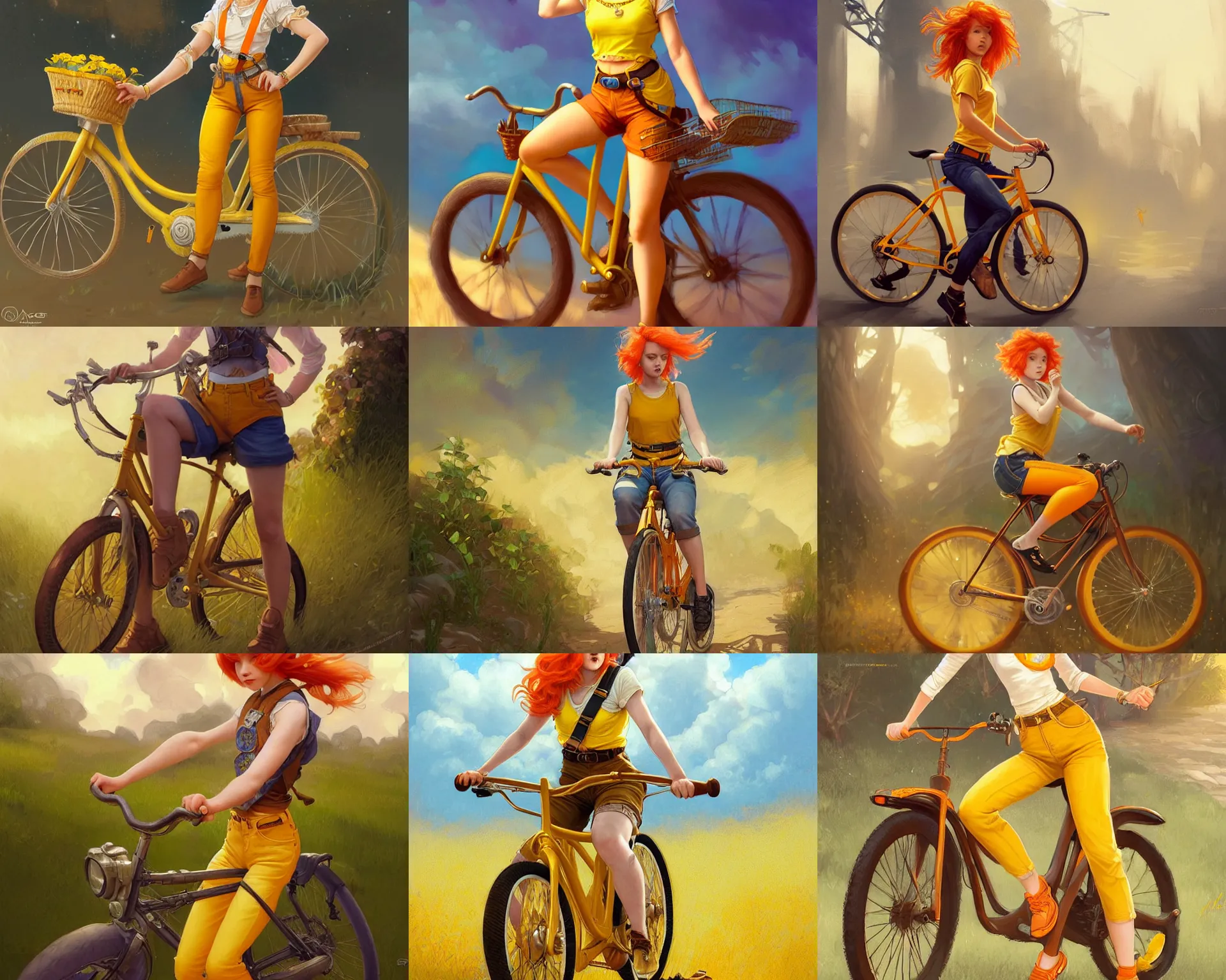 Prompt: annoyed girl with short orange hair riding a bike, wearing yellow croptop, jorts and suspenders, deep focus, d & d, fantasy, intricate, elegant, highly detailed, digital painting, artstation, concept art, matte, sharp focus, illustration, hearthstone, art by artgerm and greg rutkowski and alphonse mucha