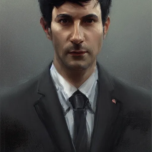Image similar to portrait of a man by greg rutkowski, he is! about 3 0 years old, short black hair with bangs, his features are a mix between french, turkish and russian and he is wearing futuristic office suit, highly detailed portrait, digital painting, artstation, concept art, smooth, sharp foccus ilustration, artstation hq