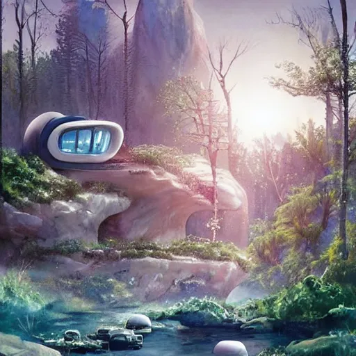 Image similar to beautiful happy picturesque charming sci - fi organic pod - like homes of the future in a beautiful natural scene. water, trees and rocks. beautiful light. soft colour scheme. beautiful artistic detailed watercolor by lurid. ( 2 0 2 2 )