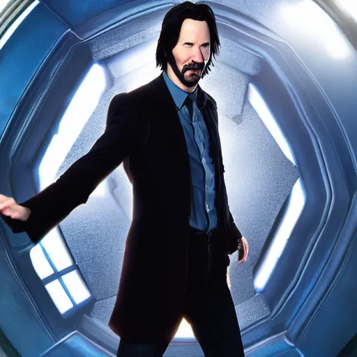 Prompt: portrait of Keanu reeves as 10th Doctor Who in the TARDIS, Photo, High details, 8k