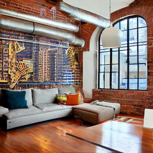 Image similar to trendy loft with modern murals on the wall, contemporary art and patterns, interior design, attractive architecture