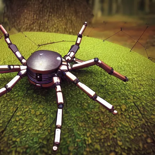 Prompt: miniature robotic steampunk spider exploring a forest, sharp focus, wires, copper, rusty, retro, 3 d render, unity, grass, trees, extremely detailed, cinematic lighting,