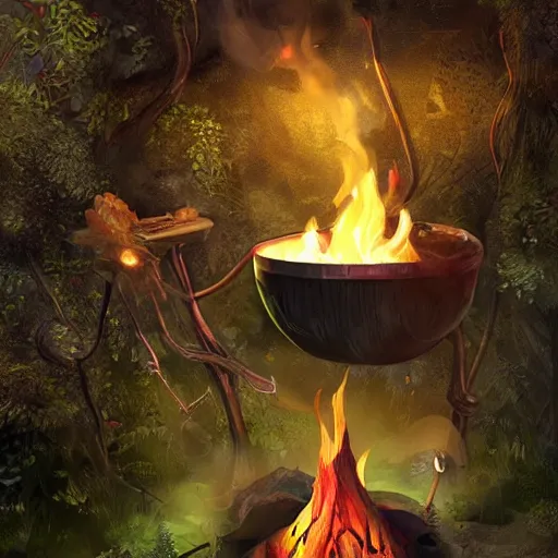 Image similar to a cauldron filled with a magical green glowing potion hanging above a campfire, night, fantasy, digital art, mysterious