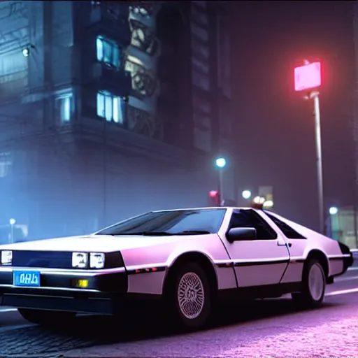 Image similar to hyperdetailed, photorealistic photograph of a dmc 1 2 delorean driving in the streets, rain, night, dense fog, hd, unreal engine 5