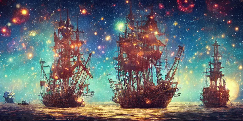 Image similar to a lone giant steampunk tall - ship made of wrought - iron sailing through nebulae, gossamer woven sails and surrounded by millions of stars, bokeh, ray tracing, hyperrealistic digital painting, colorful masterpiece by studio ghibli