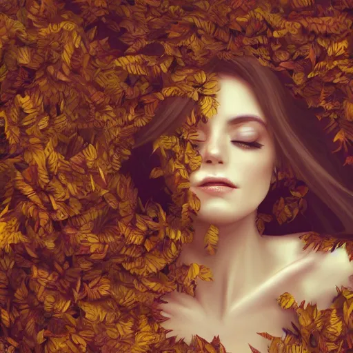 Prompt: a highly detailed digital image of an elegant woman surrounded and engulfed in leaves, matte background, artstation, detailed woman, stunning volumetric lighting, elegant, fantasy, 4k, 8k