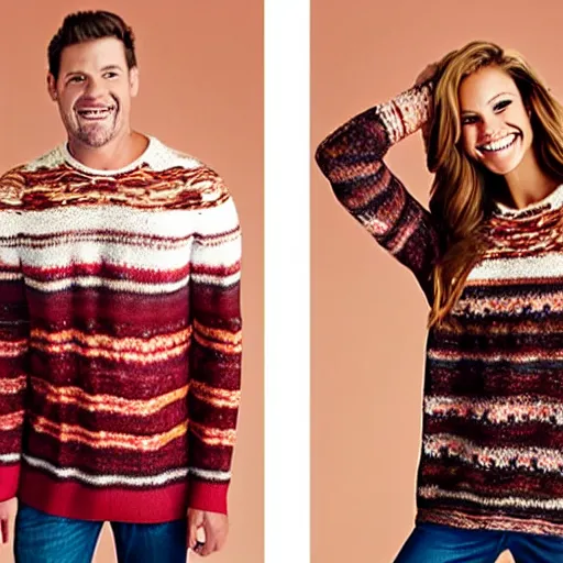 Image similar to model wearing a sweater of bacon weave!, product photo, jc penny catalog