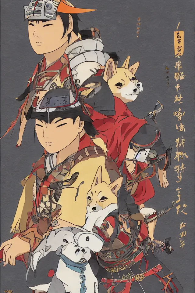 Image similar to a portrait of shiba inus as samurai and warriors, in the art style of studio ghibli, miyao hayazaki, artistic 4 k