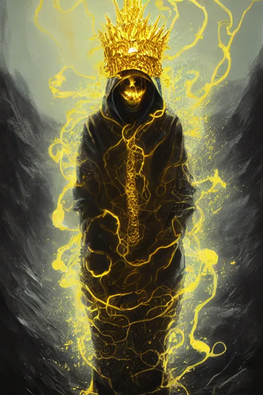 Image similar to A full body portrait of a mysterious character with no face with a very long hooded yellow cloak, a golden crown floating above his head tentacles coming out the ground art by Maciej Kuciara and Jason Chan, ominous, cosmic horror, trending on artstation, Ultra detailed, hyper realistic 4k