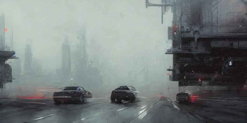 Image similar to a highly detailed epic cinematic concept art CG render digital painting artwork: Japanese highway, fog. By Greg Rutkowski, in the style of Francis Bacon and Syd Mead and Norman Rockwell and Beksinski, open ceiling, highly detailed, painted by Francis Bacon and Edward Hopper, painted by James Gilleard, surrealism, airbrush, Ilya Kuvshinov, WLOP, Stanley Artgerm, very coherent, triadic color scheme, art by Takato Yamamoto and James Jean