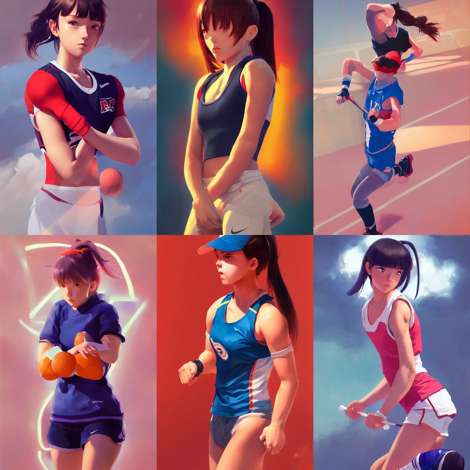 Prompt: a portrait of a cute young female athlete, sports setting, vivid colors, soft lighting, atmospheric, cinematic, moody, in the style of Ilya Kuvshinov and Range Murata, Krenz Cushart, rule of thirds, oil on canvas, 8k