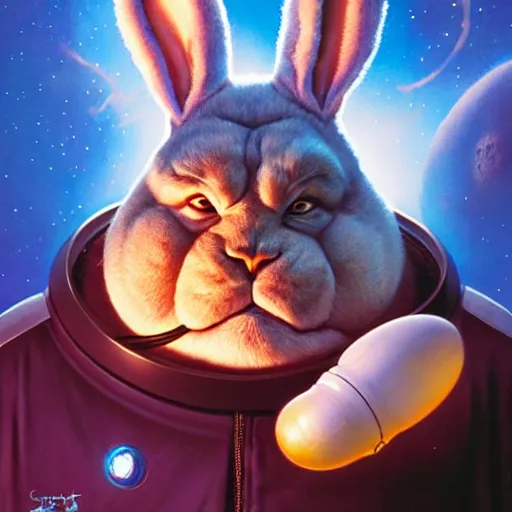 Image similar to hyper realistic, space balls, portrait of a mega derpy john candy, big chungus, with bunny ears, stoned, by greg rutkowski, scott m fischer, artgerm, loish, slight glow, atmospheric, anne stokes, alexandros pyromallis