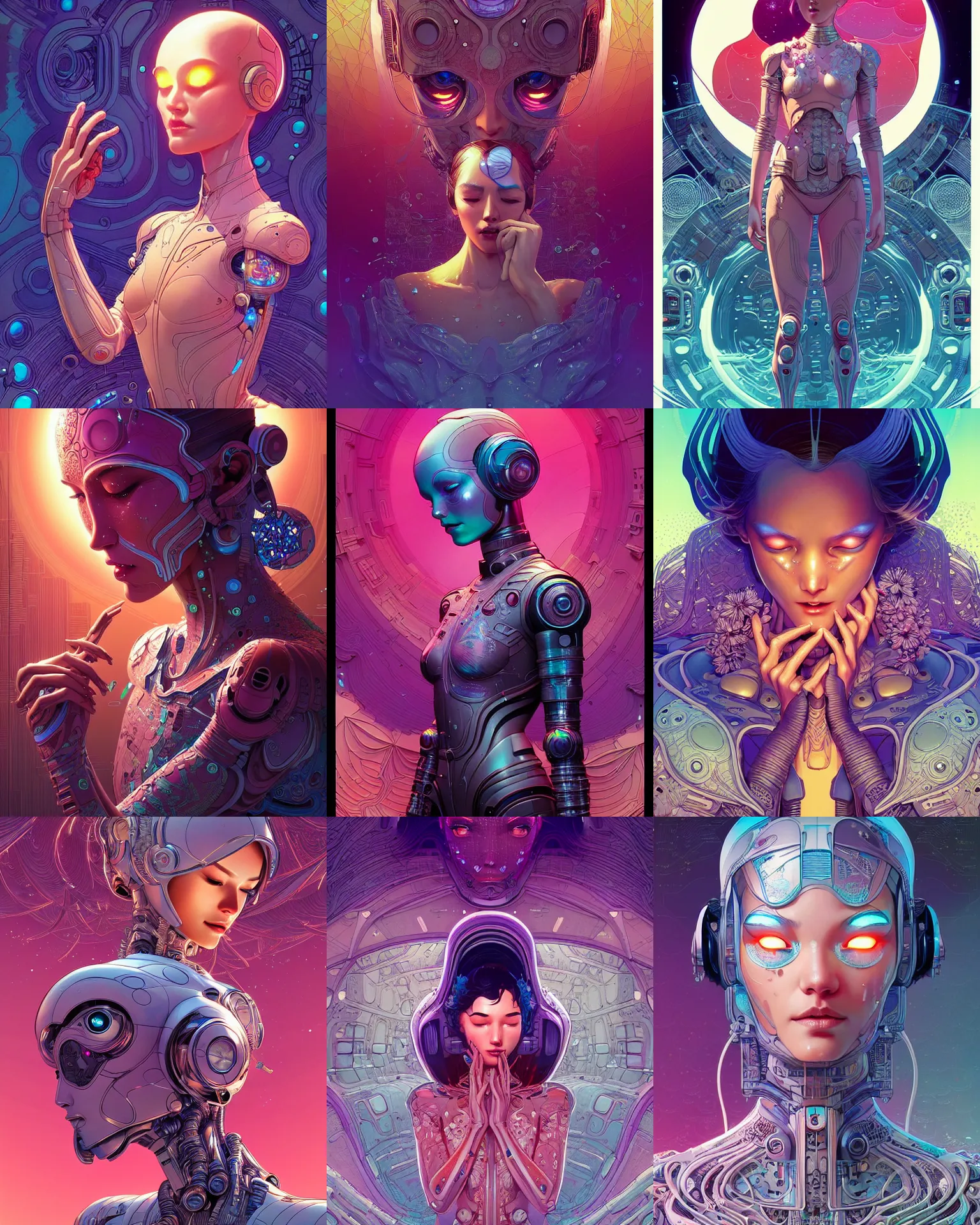 Prompt: ultra detailed, beautiful female android in tears, crying. scifi, fantasy, intricate detailed environment, global illumination, vector art, concept art, digital painting. by james jean and moebius! and artgerm and wlop and liam brazier and victo ngai and tristan eaton.