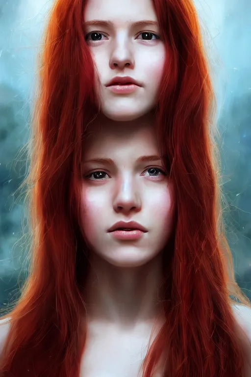 Image similar to ultra realistic style illustration of a beautiful cute red haired joyful and playful 1 9 year old girl, full portrait, long hair, sci - fi, fantasy, intricate, elegant, digital painting, artstation, concept art, smooth, sharp focus, 8 k frostbite 3 engine, ultra detailed, art by artgerm and greg rutkowski and magali villeneuve