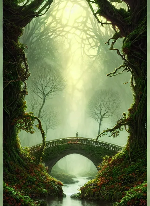 Image similar to book cover!!!!!!!!!!!!, old bridge, ivy leaves graphic vectors at each border, fantasy forest landscape, fantasy magic, light night, intricate, elegant, sharp focus, illustration, highly detailed, digital painting, concept art, matte, art by wlop and artgerm and greg rutkowski, masterpiece