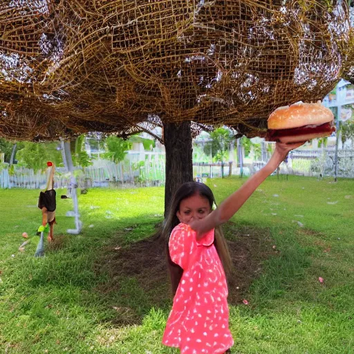 Prompt: picking hamburgers from the hamburger tree in my backyard