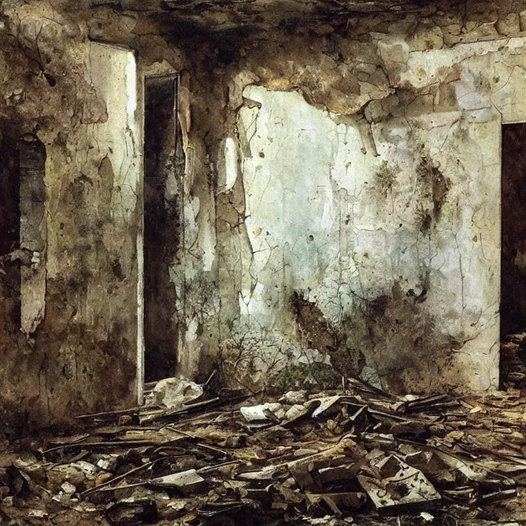 Prompt: Derelict, ruined house, with crumbled walls, rust, old cracked paint, mold, fungus, overgrown plants, pool of dark, dirty water, oily rainbow, charred wood beams. Painting by Gericault, Georges de la Tour, Anselm Kiefer, Andrei Tarkovsky