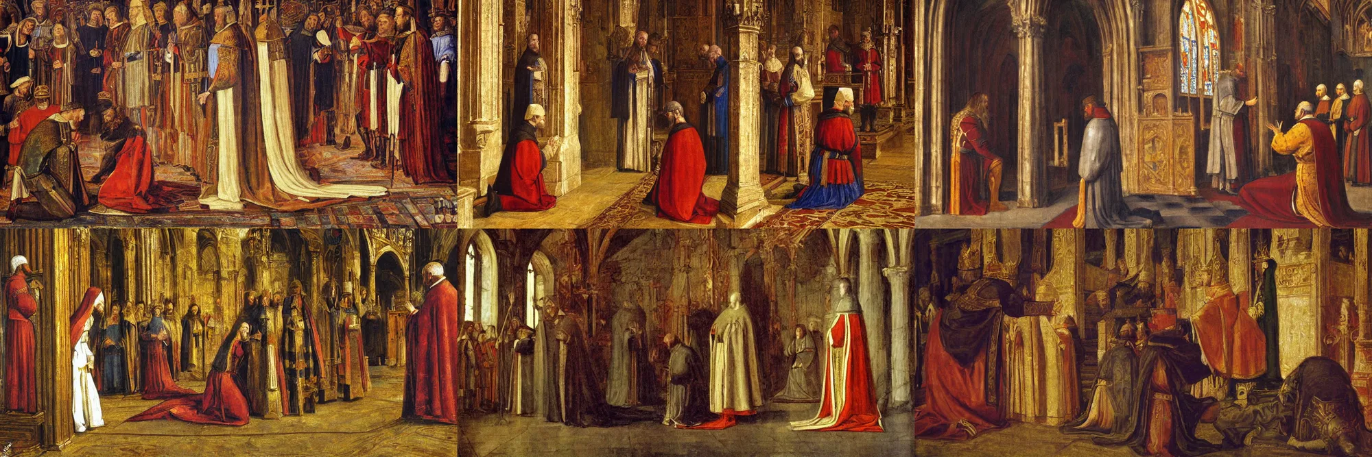 Prompt: masterful painting of a medieval king kneeling before the pope, in a church. impressionistic, colorful, photographic lighting. medium shot