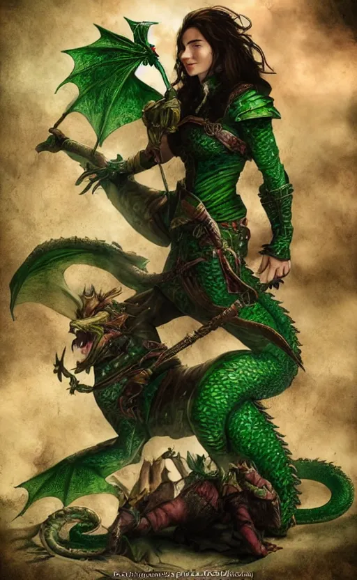 Image similar to epic fantasy d & d female halfling rogue riding on top of a green dragon, green dragon, waterdeep, black hair, red leather corset, cinematic, beautiful lighting, heroic