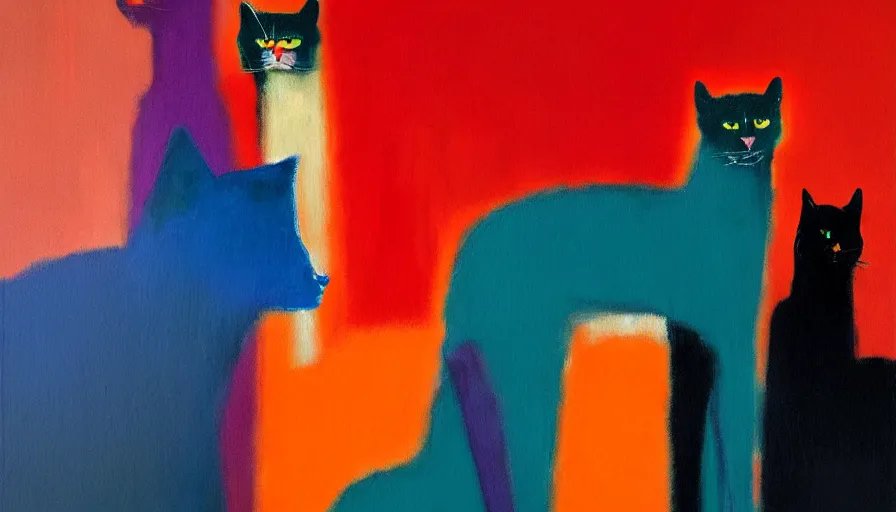 Image similar to contemporary semi abstract acrylic painting of really tall cats by rothko, by greg rutkowski, kessler art, thick brush strokes and visible paint layers, multicolor color scheme