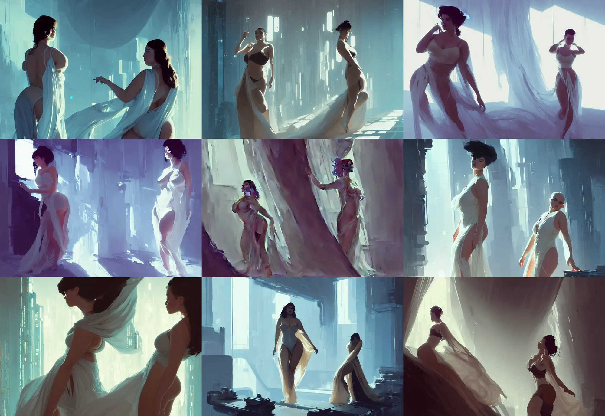 Prompt: a portrait of a curvaceous young woman dancer in studio, sheer flowing robes, cyberpunk, fantasy, by atey ghailan, by greg rutkowski, by greg tocchini, by james gilleard, by joe gb fenton, by in kaethe butcher, dynamic lighting, gradient light blue, brown, blonde cream and white color in scheme, grunge aesthetic