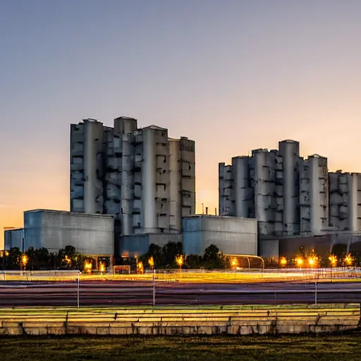 Image similar to a wide shot of a soviet beautiful brutalist monumental multi - building industrial complex, tall buildings with spaceship parking lots on top, with many rounded elements sprouting from the base tower creating a feel of an organic structure, photography shot at blue hour