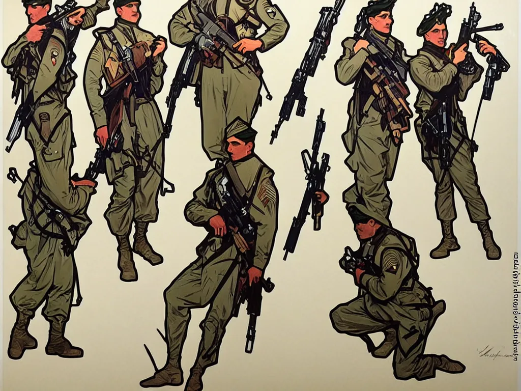 Image similar to 4 elegant full length special forces soldiers with orca prints designed by alphonso mucha