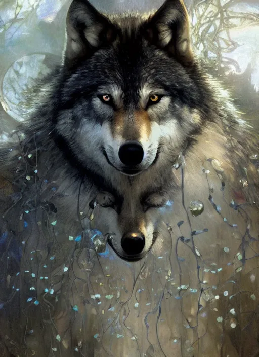 Prompt: wolf hyperrealistic portrait, surrounded by silver wires, dripping moonstone and white nightshade flowers, by jeremy mann and alphonse mucha, fantasy art, photo realistic, dynamic lighting, artstation, poster, volumetric lighting, dramatic light, very detailed faces, 8 k, award winning