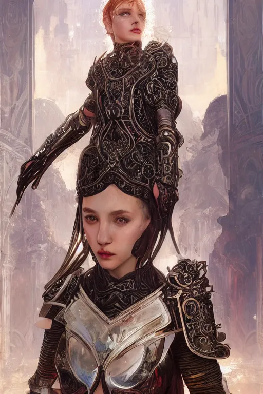 Prompt: portrait knights of Zodiac girl, metallic black and reddish reflected armor, in ruined Agora of Athens, ssci-fi, fantasy, intricate, very very beautiful, elegant, highly detailed, digital painting, artstation, concept art, smooth, sharp focus, illustration, art by WLOP and tian zi and alphonse mucha