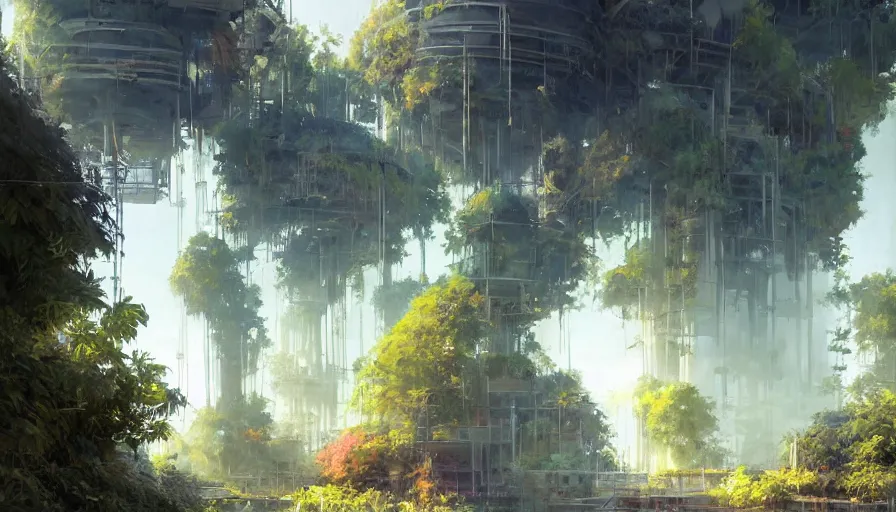 Image similar to craig mullins and ghibli digital illustration tall vertical farms, hydroponics, colorful, unreal engine, hyper realism, realistic shading, cinematic composition, realistic render, octane render, detailed textures, photorealistic, wide shot