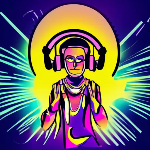 Image similar to svg vector sticker of absolutely divine-deity-angel-robotic-android-hybrid, rocking out, wearing headphones, huge speakers, dancing, rave, DJ, spinning records, digital art, amazing composition, rule-of-thirds, award-winning, trending on artstation, featured on deviantart