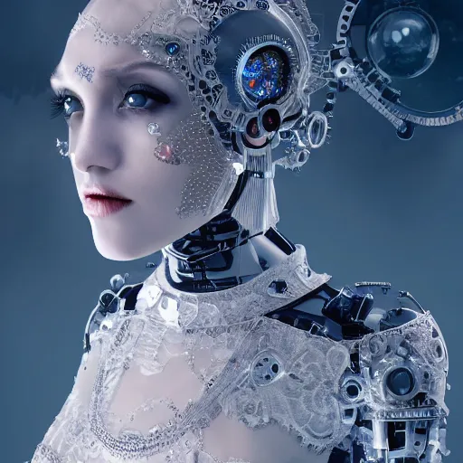 Prompt: female gothic robots with transparent head with mechanical brain, detailed crystal and decorated porcelain face, sensual pose, full body, dressed in white intricate lace and jewels, epic environment, matte painting, diffused lighting, highly detailed, cinematic, epic atmosphere, digital art, trending on artstation, wide angle