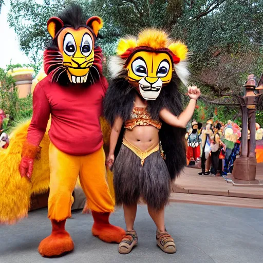 Image similar to mad mascot costumes in the lion king stage show at disneyland, covered outdoor stage, theatrical lighting, iphone video