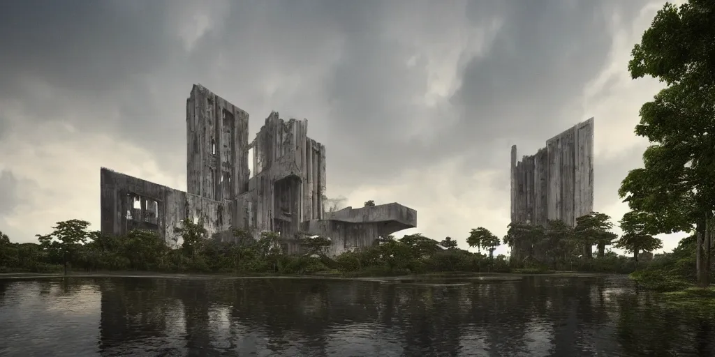 Image similar to an extremely detailed cathedral of brutalist architecture, surrounded by lush green forest and murky ponds of water, stunning volumetric lighting, sunset, rusted steel, smooth concrete, stunning skies, trending on Artstation, 8k, photorealistic, hyper detailed, unreal engine 5, IMAX quality, cinematic, epic lighting, in the style of the game DOOM, by Greg Rutkowski